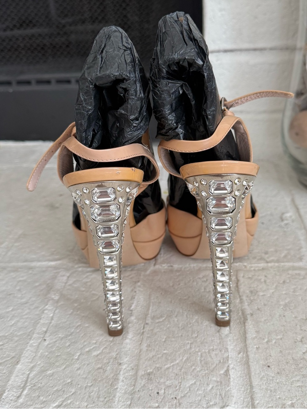 Miu Miu Crystal Heel Patent Leather Slingback Platform Sandals Nude EU 37 Y2K - Picture 4 of 13